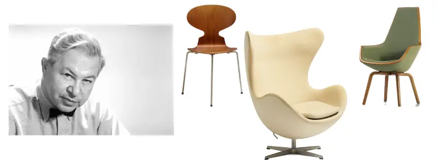 Arne Jacobsen med tre af sine stole design. Myren, Ægget og Giraffen.